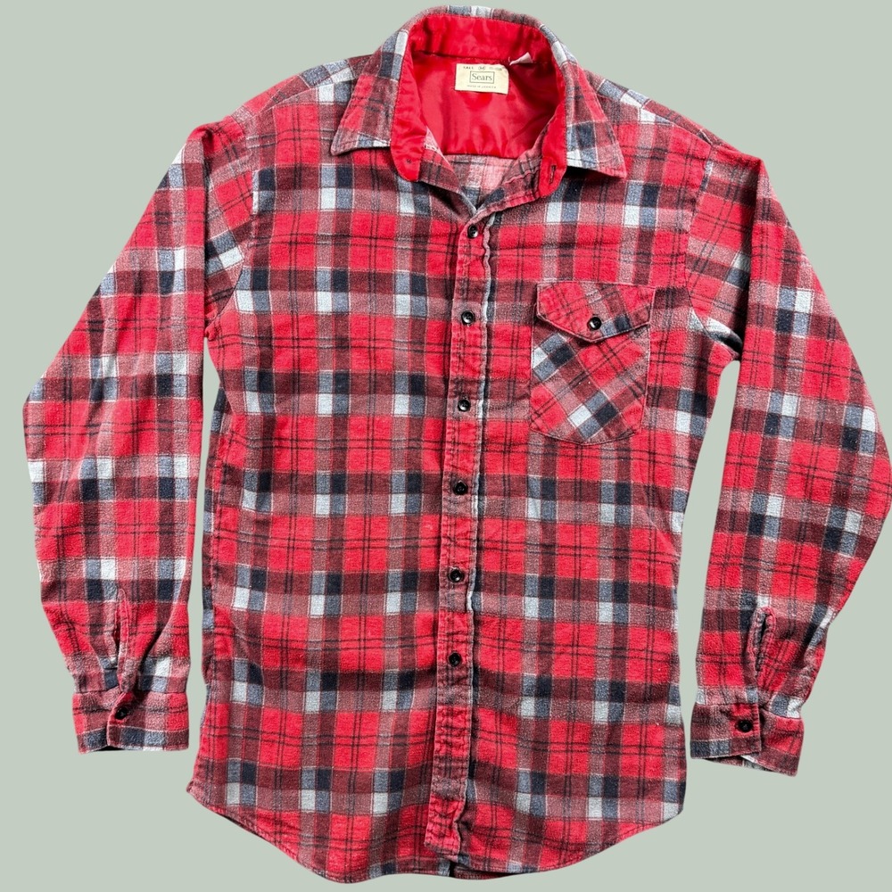 Vintage Sears Flannel Shirt Mens‎ M Tall Red Plaid Long Sleeve Cabincore Rustic